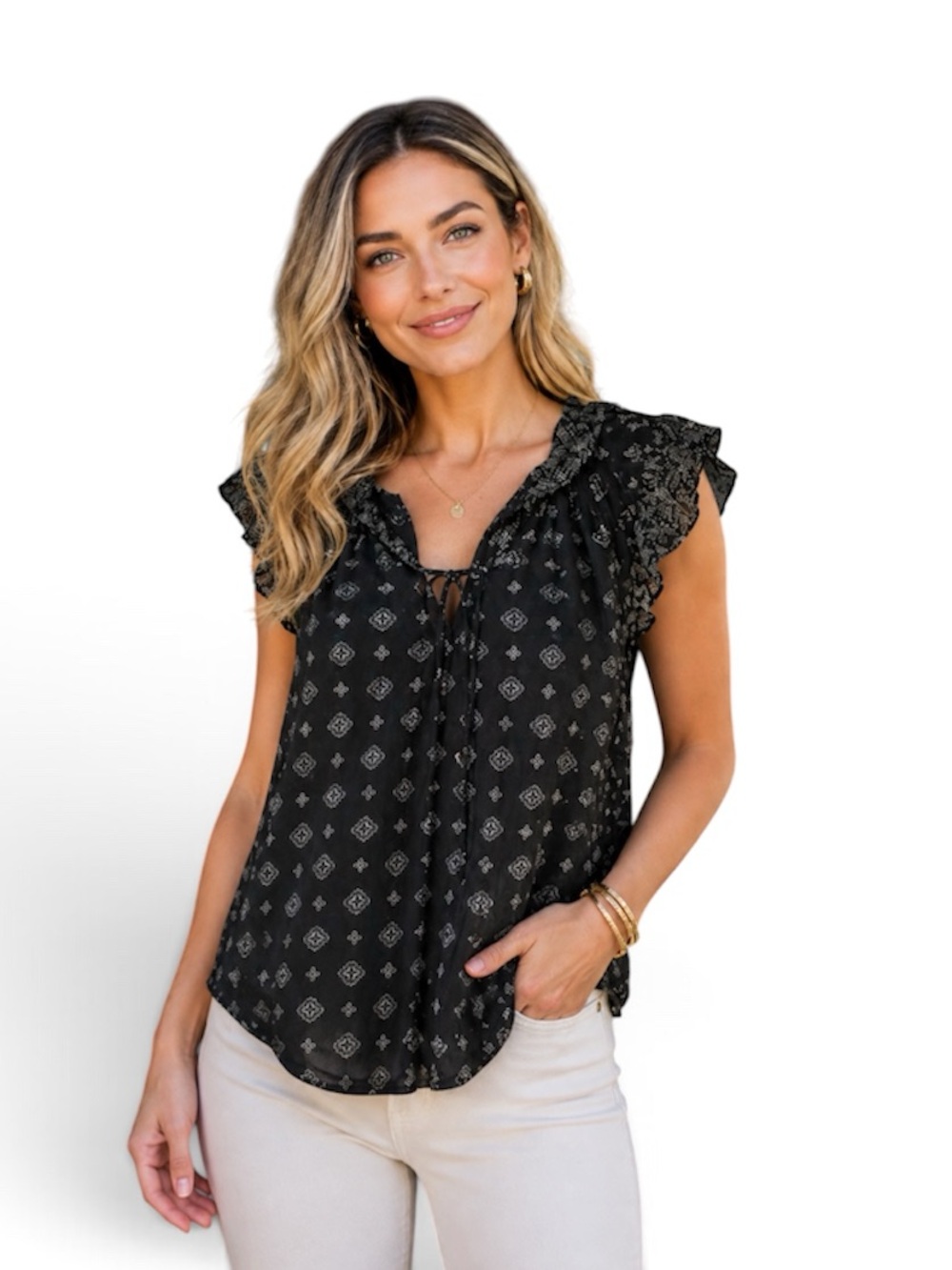 Sleeveless Top with ruffles and white pattern by Lucky Brand Sz Large